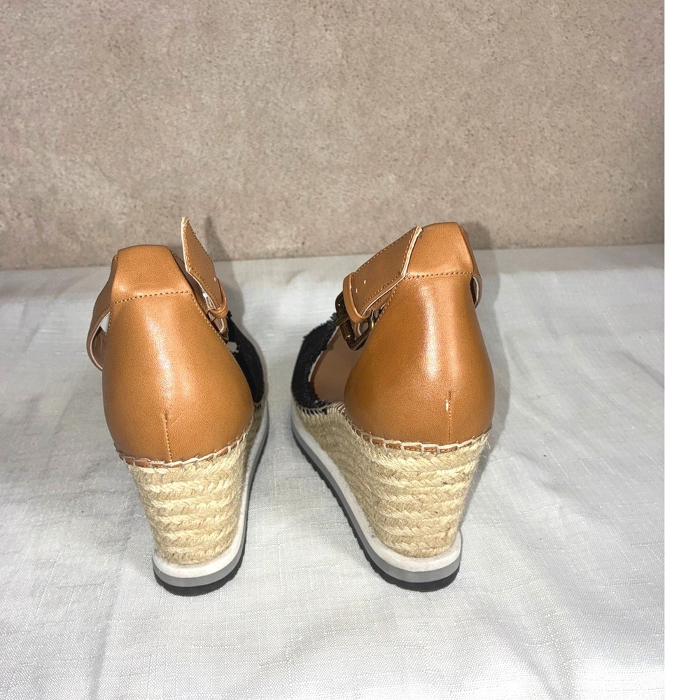 Tommy Hilfiger Black Tan Canvas Leather Espadrille Wedge Sandals Womens 9M - Picture 4 of 8